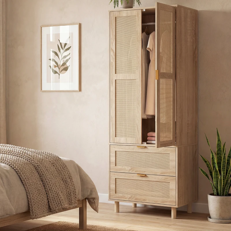 HOMCOM Armario dormitorio perchero con 2 puertas de ratán, 2 cajones y barra de colgar, 63 x 47 x 185 cm, madera natural