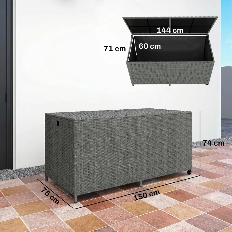 Outsunny Cutie pentru perne din rattan 650 L rezistentă la intemperii rezistent UV cu capac roți spațiu depozitare 150 x 75 x 74 cm Gri închis