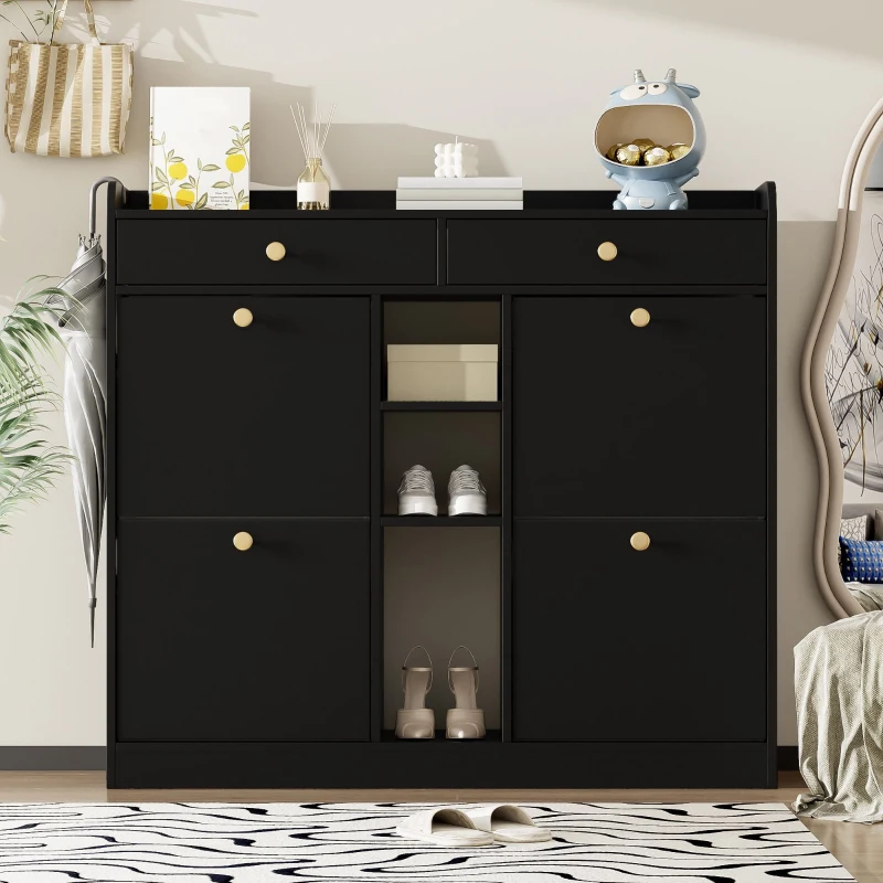 Mobile scarpiera con 4 ante a ribalta, 2 cassetti e 3 ripiani aperti, 110x26x100 cm, Nero