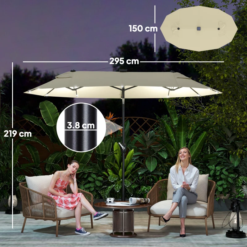 Outsunny Ombrellone Doppio con Luci LED e Base a Croce, in Poliestere e Acciaio, 295x150x219 cm, Bianco Crema