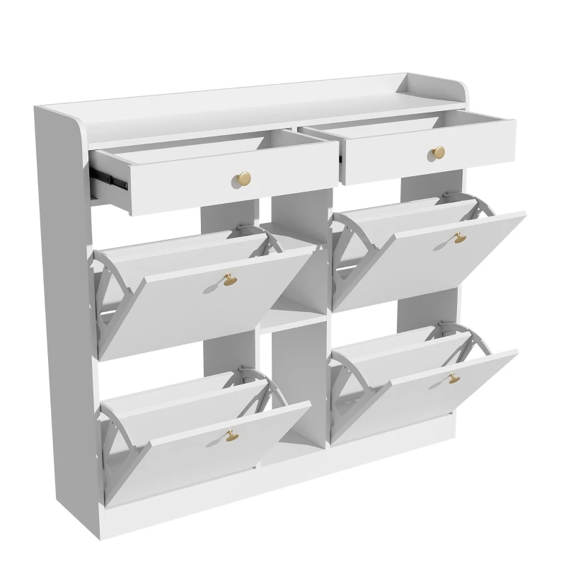 Mobile scarpiera con 4 ante a ribalta, 2 cassetti e 3 ripiani aperti, 110x26x100 cm, Bianco