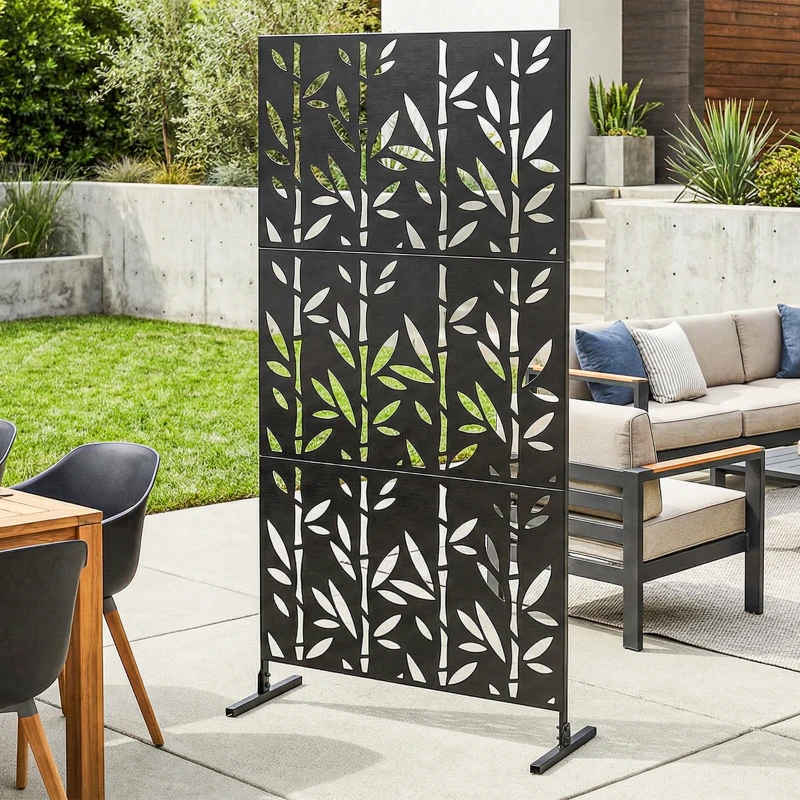 Outsunny Panel separador decorativo exterior Claustra decorativo jardín 3 paneles con motivo bambú metal 92x40x192cm Negro