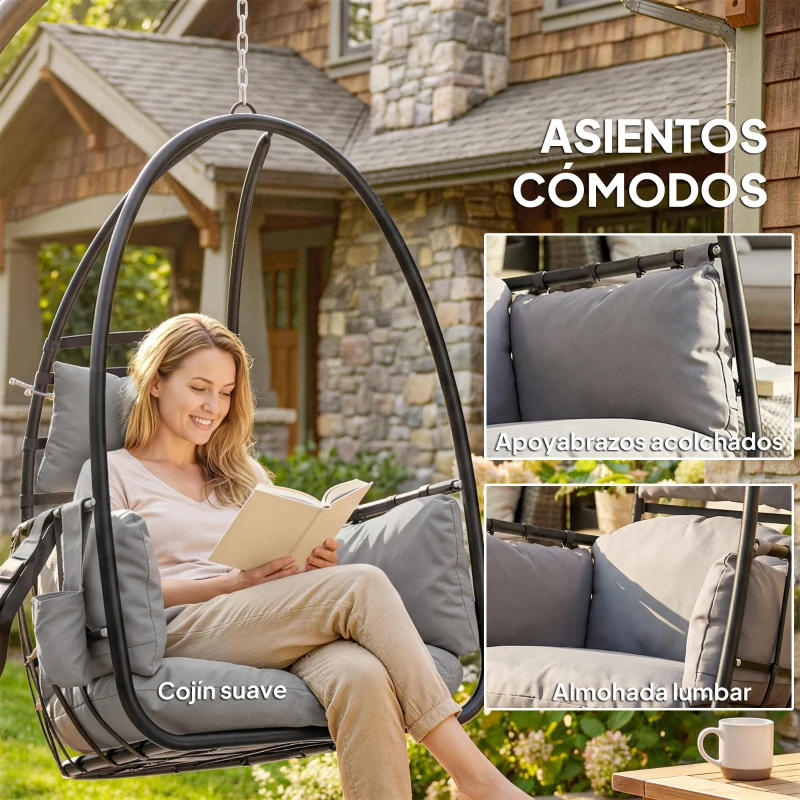 Outsunny Silla Colgante Huevo con Soporte Cesta Plegable Reposacabezas Cojín Bolsillo Lateral Carga 120 kg Gris Oscuro