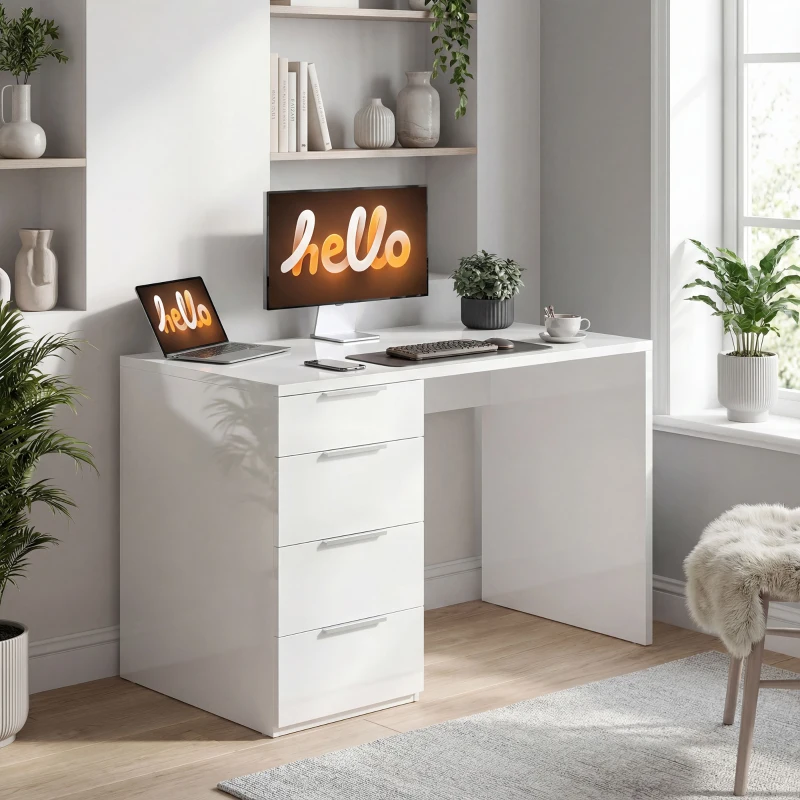 HOMCOM Escritorio de ordenador de alto brillo con 4 cajones, 110 x 60 cm, escritorio con almacenamiento, estilo moderno, blanco