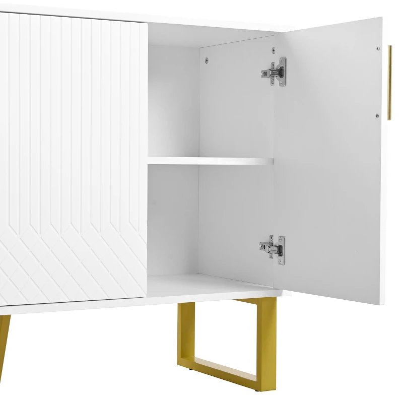 Buffet avec 4 portes, poignées et pieds en métal, grand espace de rangement, 140x40x80 cm, Blanc