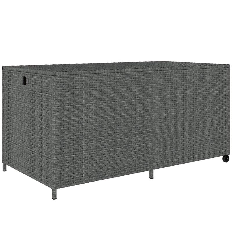 Outsunny Caja para cojines de rattan 650L resistente a la intemperie resistente a los UV cofres con tapa ruedas espacio de almacenamiento 150 x 75 x 74 cm Gris oscuro