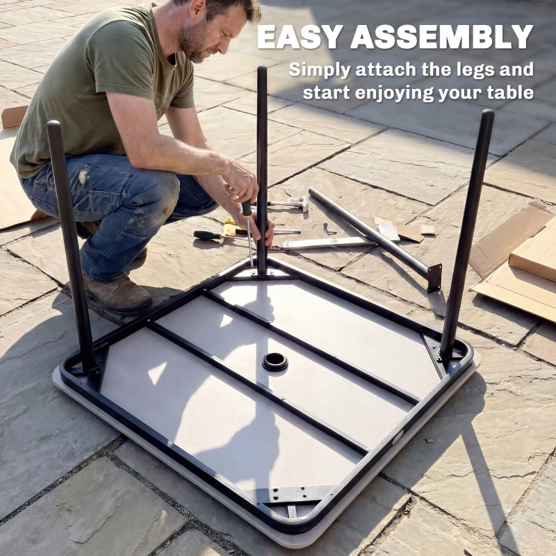 Outsunny Garden Dining Table for 4, 85 cm Square Outdoor Table with Umbrella Hole, Faux Wood Top, Metal Legs, Dark Grey