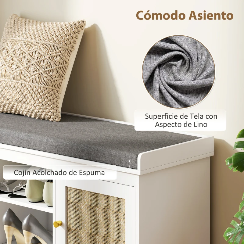 HOMCOM Banco Zapatero con Puertas Frentes de Ratán Estantes Ajustables y Abiertos para Entrada Dormitorio 105x35x47 cm Blanco