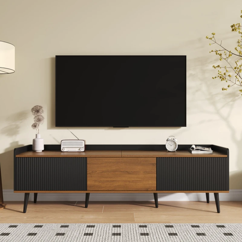 Mobile TV con 3 ante, gambe in legno e bordo rialzato, 160x39x49.5 cm, Color Legno e Nero