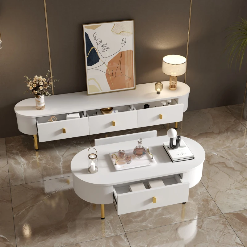Set mobile TV e tavolino da caffè per soggiorno con cassetti e angoli arrotondati, Bianco e Oro