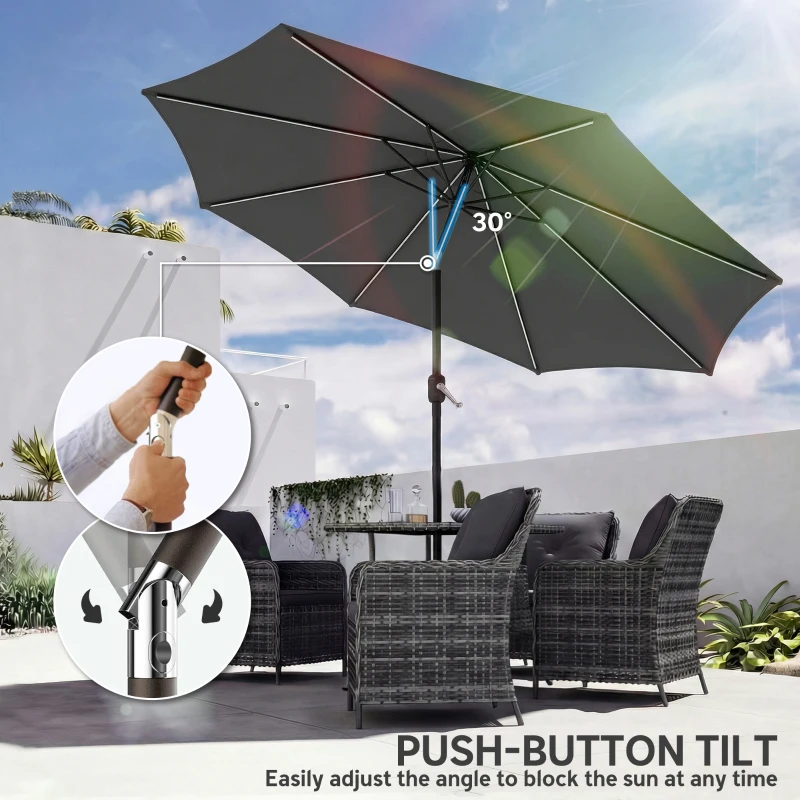 Outsunny 3 m Garden Parasol Umbrella with 112 Solar Powered LED Lights, Patio Umbrella with Crank Handle, Grey