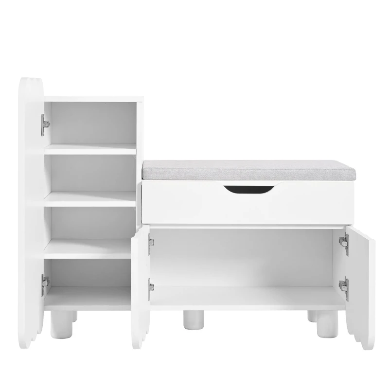 Scarpiera moderna a 3 ante con cassetto e seduta imbottita, 90x35x74.5 cm, Bianco