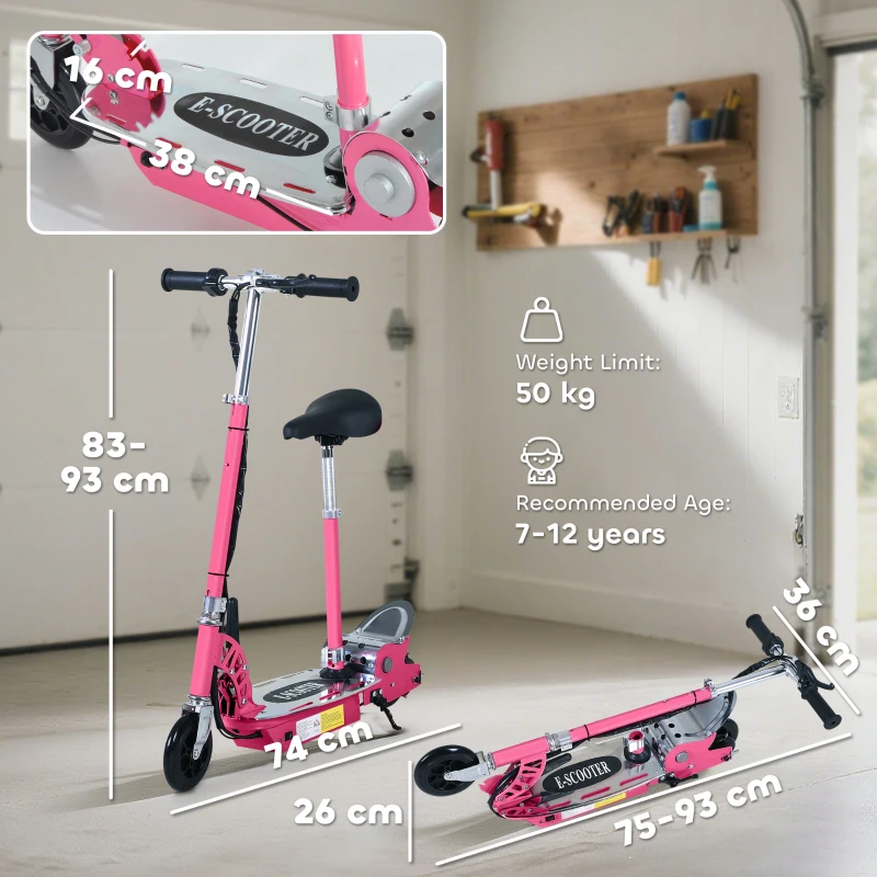 HOMCOM Foldable Powered Scooter with Adjustable Seat, Brake, Pink