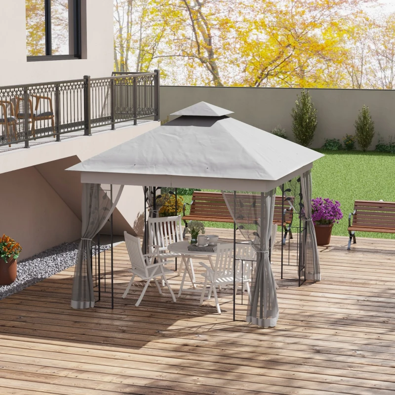 Outsunny Pabellón con doble techo, 3x3 m impermeable, estable, resistente al invierno, pabellón de jardín con mosquitera, Gris claro
