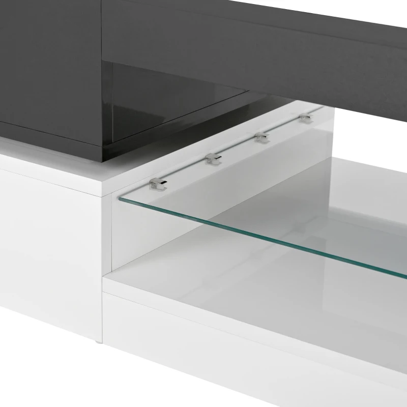 Table basse avec éclairage d'ambiance LED, étagère en verre & surface laquée brillante, 90x45x35,5 cm, Noir+Blanc