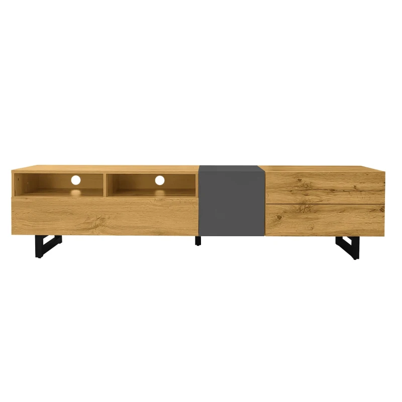 Meuble TV avec 3 portes et 2 compartiments, pieds métalliques en U, 170x36,5x42 cm, Couleur naturelle
