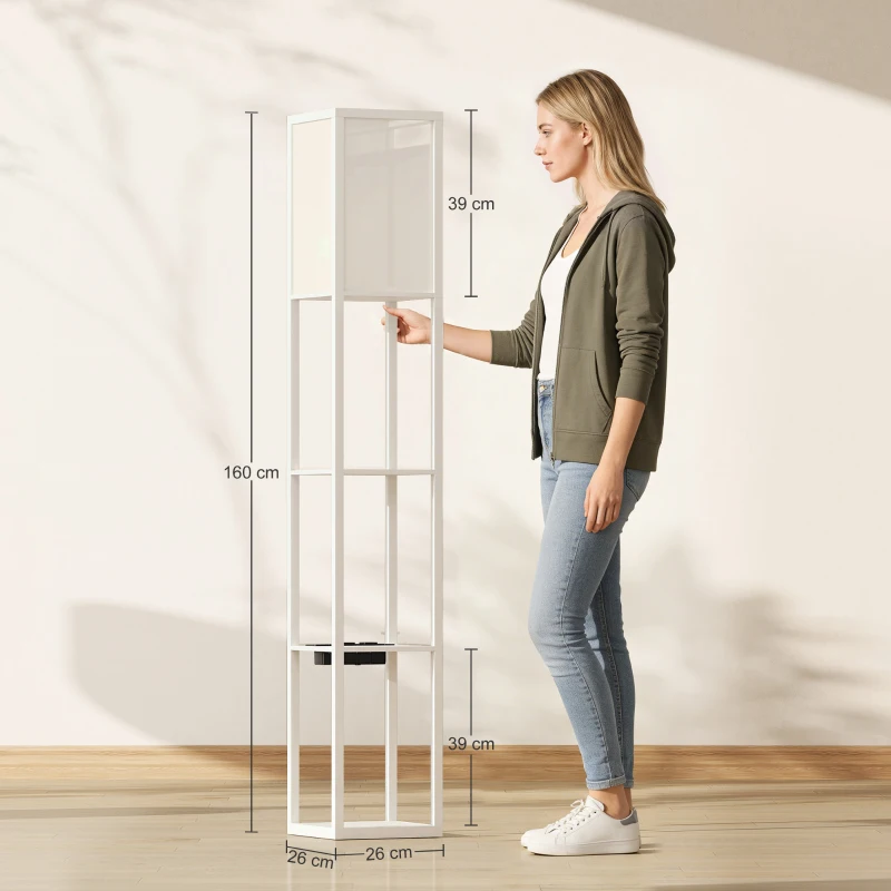 HOMCOM Lámpara de Pie con Estantes, Luz Regulable, Interruptor de Pedal y Puertos USB, Blanco