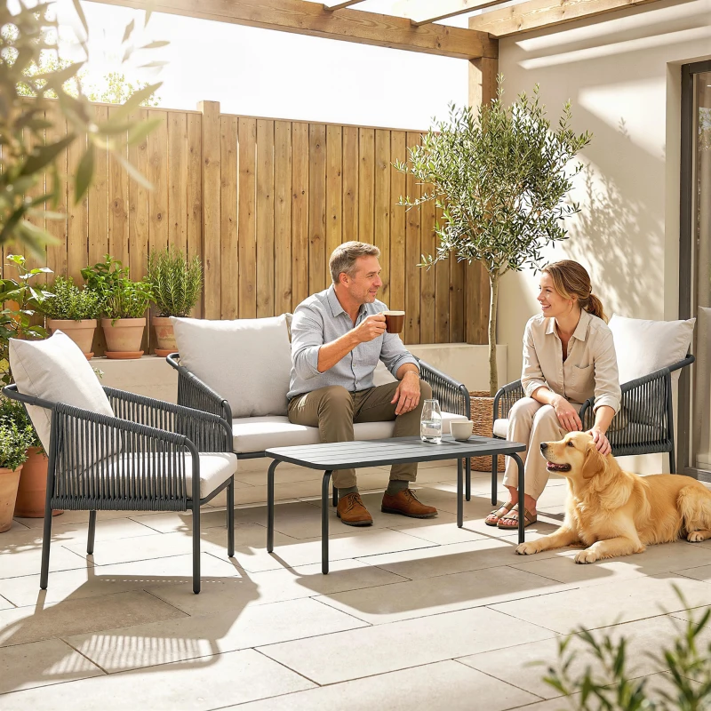 Outsunny Gartenmöbel Set 4-teilig Polyrattan Lounge-Set mit Zweisitzer 2 Sessel Couchtisch abnehmbar Kissen Bindebändern