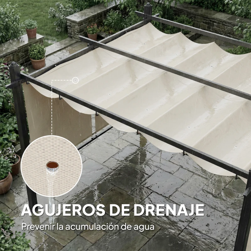 Outsunny Pérgola de Jardín 4x3 m con Cortinas Enrollables Automáticas y Techo Retráctil Cenador de Jardín con UPF50+ Crema