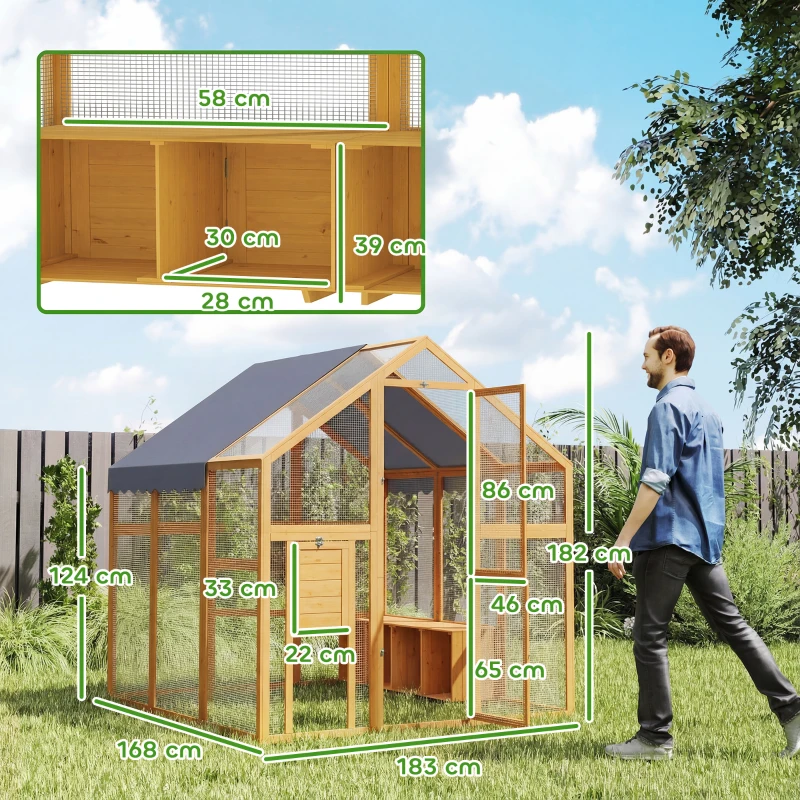 PawHut Gallinero 3,07 m² Recinto exterior de madera con lona impermeable, cerradura de seguridad, para 6-8 gallinas 1,7 x 1,8 x 1,8 m