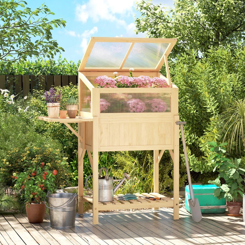 Outsunny Huerto elevado con cubierta tipo invernadero de madera, caja para plantas con invernadero abatible, mesa lateral y estante, madera natural