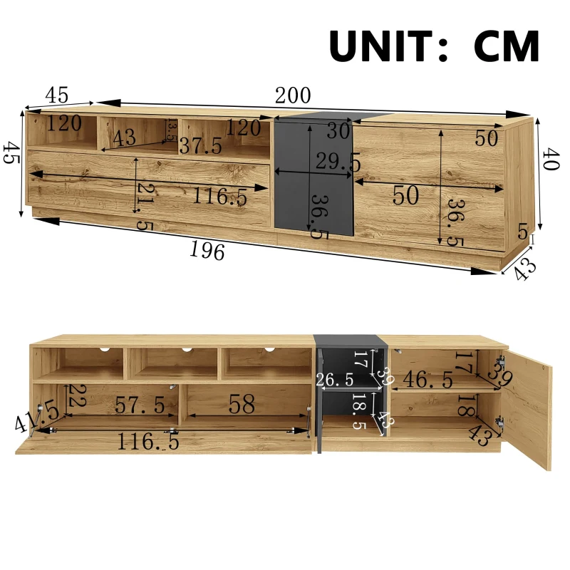 Meuble TV en couleurs contrastées, 200x45x45 cm, Couleur naturelle+Gris