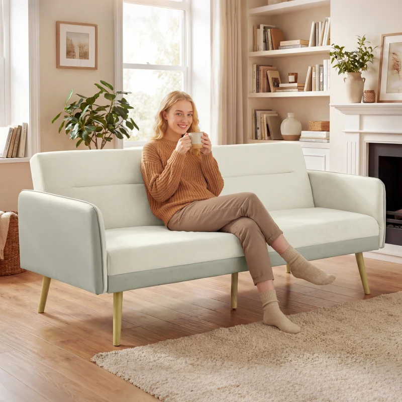 HOMCOM Sofá convertible 3 plazas 3 en 1, sofá-cama clic-clac, respaldo ajustable, asiento acolchado, 185 x 84 x 83 cm, beige