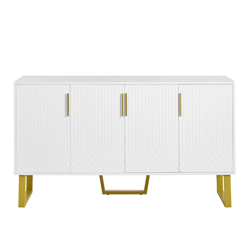 Buffet avec 4 portes, poignées et pieds en métal, grand espace de rangement, 140x40x80 cm, Blanc