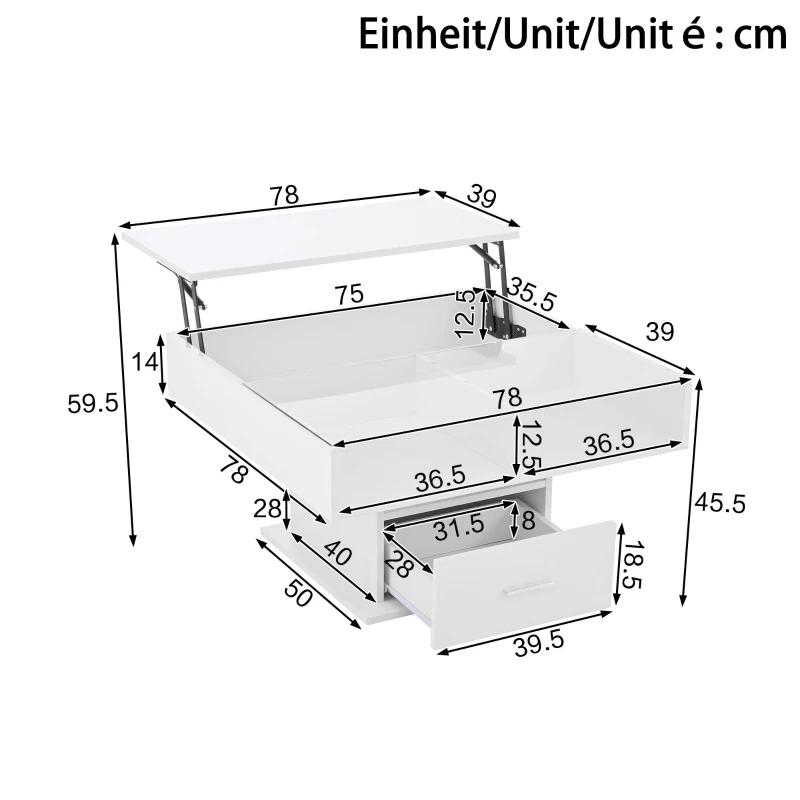 Tavolino da salotto regolabile e lucido con piano rialzabile e illuminazione LED, 78x78x45.5 cm, Bianco