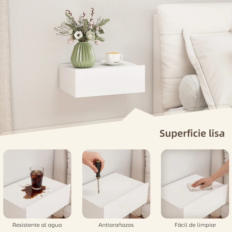 HOMCOM Set de 2 Mesillas de Noche de Pared Mesitas de Noche Flotantes con 1 Cajón para Dormitorio 40x30x15 cm Blanco