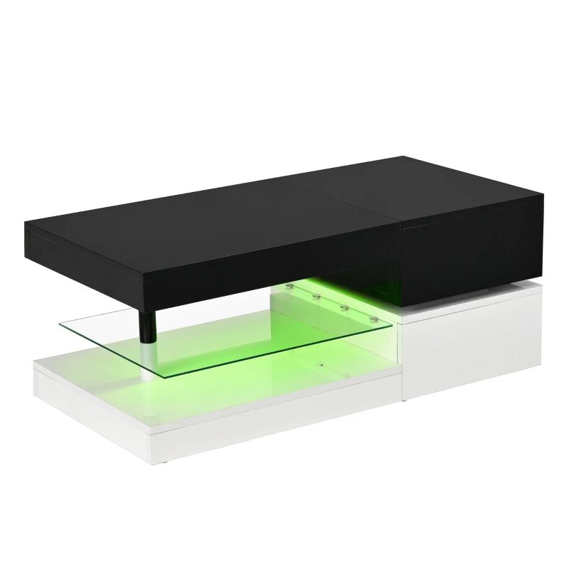 Table basse avec éclairage d'ambiance LED, étagère en verre & surface laquée brillante, 90x45x35,5 cm, Noir+Blanc