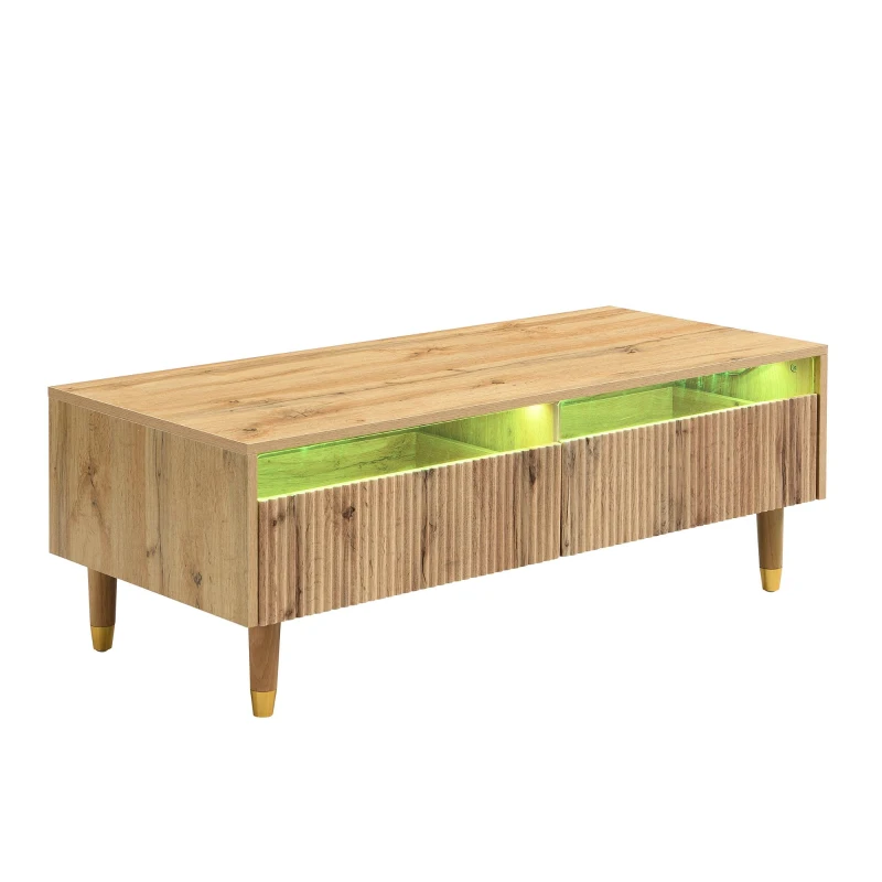 Tavolino da salotto con 2 cassetti e illuminazione LED, 110x50x40 cm, Color Legno