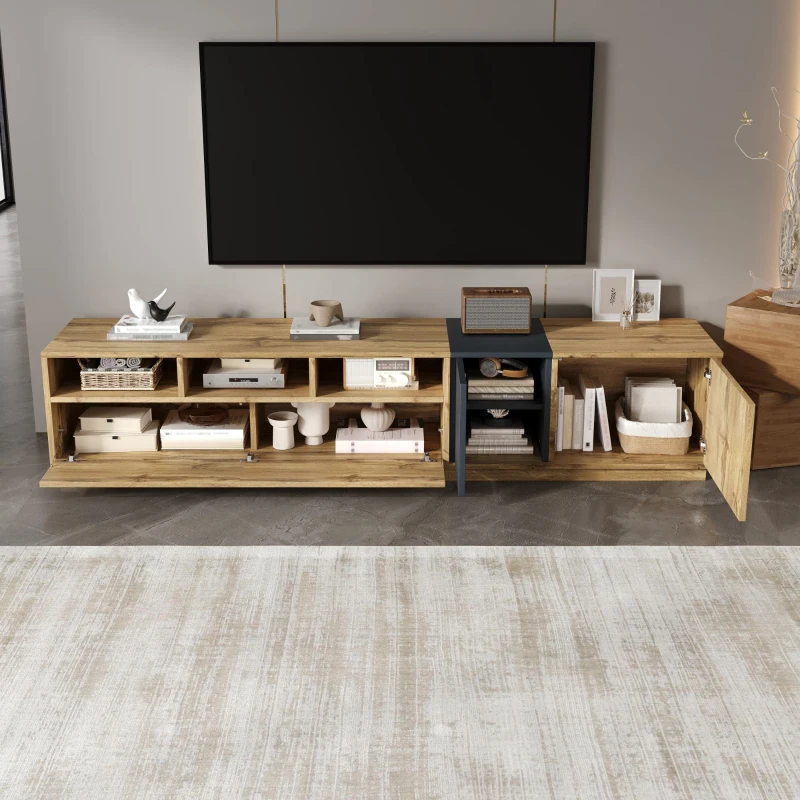 Meuble TV en couleurs contrastées, 200x45x45 cm, Couleur naturelle+Gris