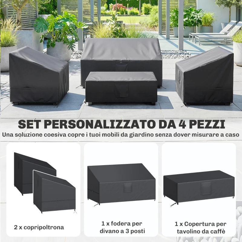 Outsunny Coperture per Mobili da Giardino 4 Pezzi, Impermeabili, Nero
