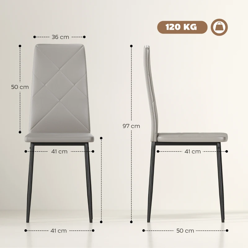 HOMCOM Set de 4 Sillas de Comedor Tapizadas de Piel Sintética con Respaldo Alto y Patas de Metal 41x50x97 cm Gris