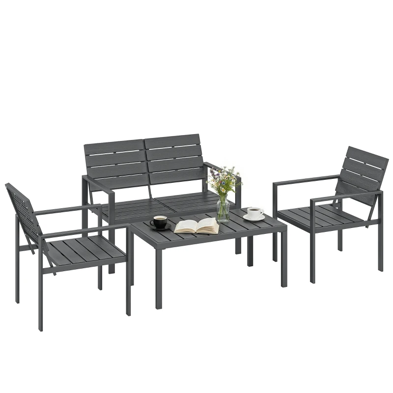 Outsunny 4 Piece Garden Furniture Set, Outdoor Sofa Set with HDPE Slatted Loveseat Armchairs Coffee Table Metal Frame, Dark Grey