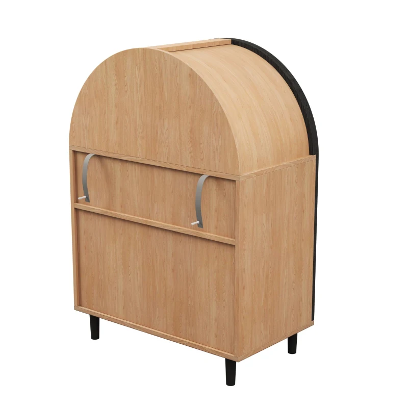 Mobile per scarpe con esterno arrotondato, ante traforate in rattan e 3 ripiani, 70x40x100 cm, Color Legno e Nero