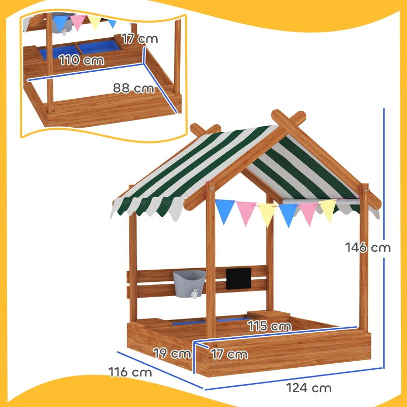 Outsunny Caixa de Areia para Crianças de Madeira em Forma de Casa com 2 Assentos Toldo 6 Bandeirolas 2 Bandejas Removíveis Torneira e Quadro para Jardim 124x116x146 cm Madeira