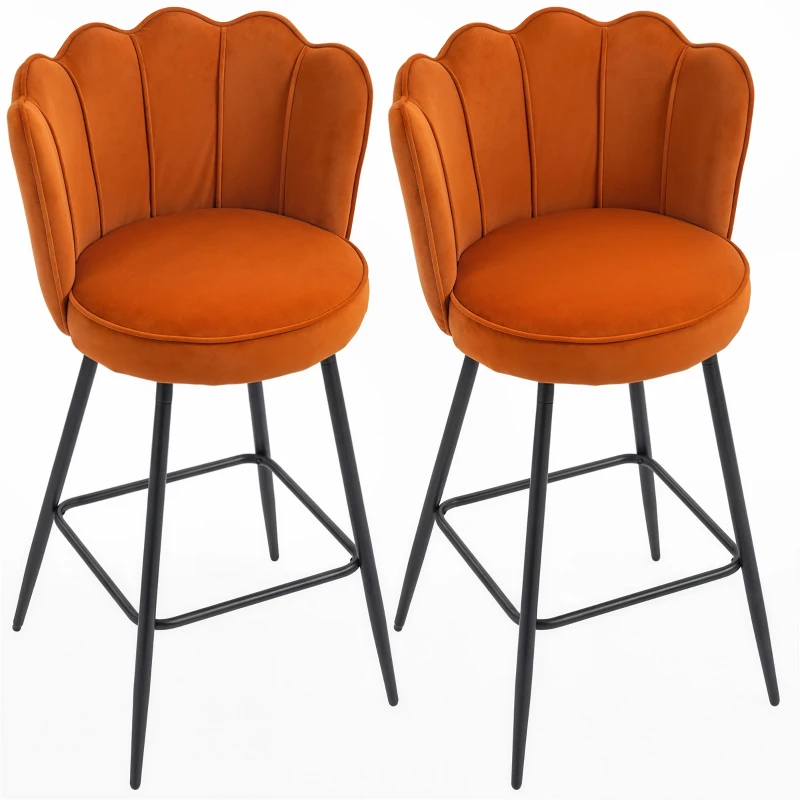 HOMCOM Set of Two Velvet-Feel Lotus Bar Stools - Orange