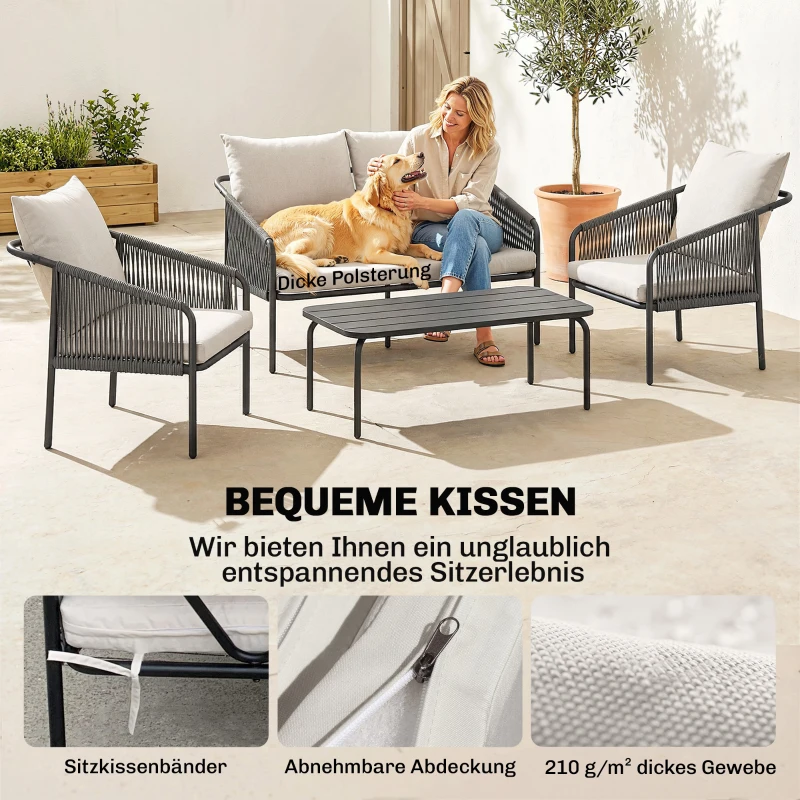 Outsunny Gartenmöbel Set 4-teilig Polyrattan Lounge-Set mit Zweisitzer 2 Sessel Couchtisch abnehmbar Kissen Bindebändern