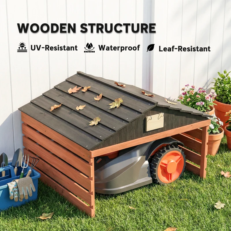 Outsunny Houten robotmaaiergarage met zadeldak, weerbestendig, voor robotmaaiers, 79 x 74 x 54 cm, roodbruin