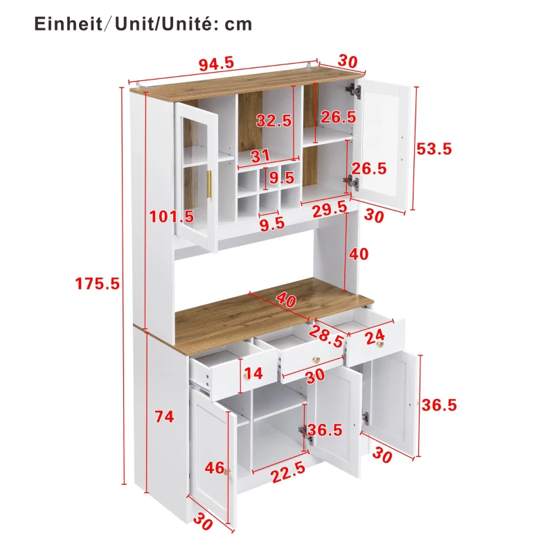 Mobile dispensa alto portaoggetti con 5 ante e 3 cassetti, 94.5x30x175.5 cm, Bianco