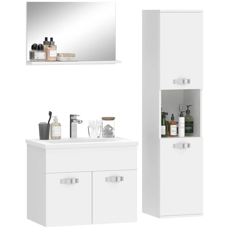 kleankin Conjunto de muebles de baño 4 piezas, mural, con espejo, mueble bajo lavabo, lavabo y armario alto, blanco