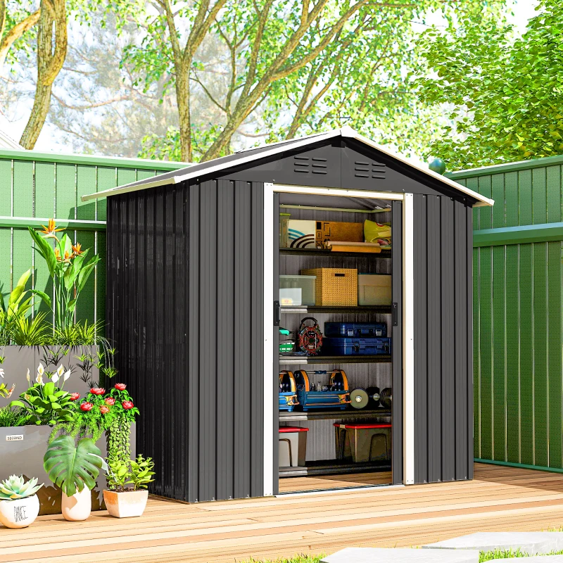 Outsunny Cobertizo de jardín metálico gran espacio de almacenamiento exterior con puertas correderas 194 x 107 x 191 cm gris oscuro