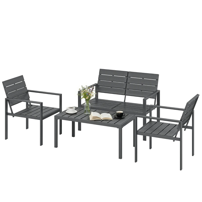 Outsunny 4 Piece Garden Furniture Set, Outdoor Sofa Set with HDPE Slatted Loveseat Armchairs Coffee Table Metal Frame, Dark Grey