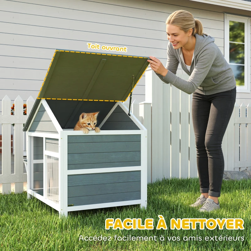 PawHut Maison pour Chat Extérieur Toit Ouvrant Fenêtre Panoramique Porte à Lamelles et Plateforme de Repos 101x72,5x81cm Gris