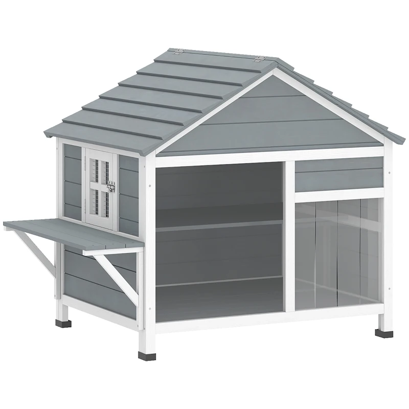 PawHut Maison pour Chat Extérieur Toit Ouvrant Fenêtre Panoramique Porte à Lamelles et Plateforme de Repos 101x72,5x81cm Gris