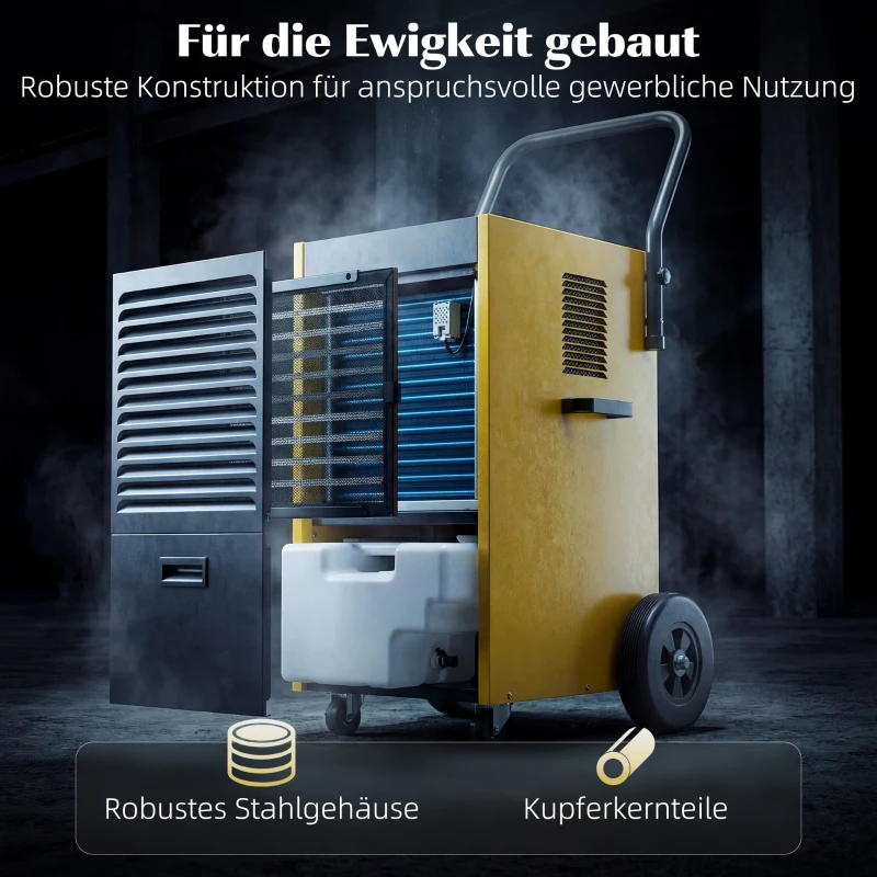 DURHAND Commerciële luchtontvochtiger 70L/dag met wielen en handgreep, continue afvoer, 24-uurs timer, 5,5L tank, geel