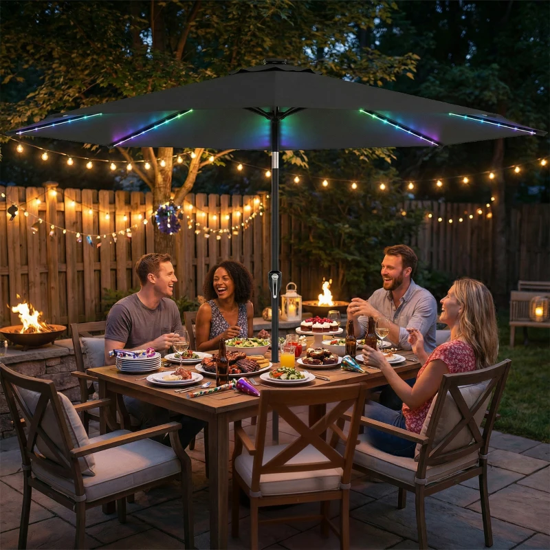 Outsunny 3 m Garden Parasol Umbrella with 112 Solar Powered LED Lights, Patio Umbrella with Crank Handle, Grey