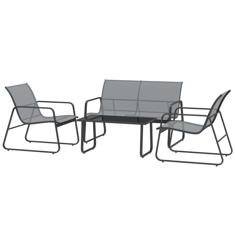 Outsunny Set de Exterior 4 piezas con Mesita de Café, Banco de 2 Plazas y 2 Sillas, en Metal y Texteline Gris Claro